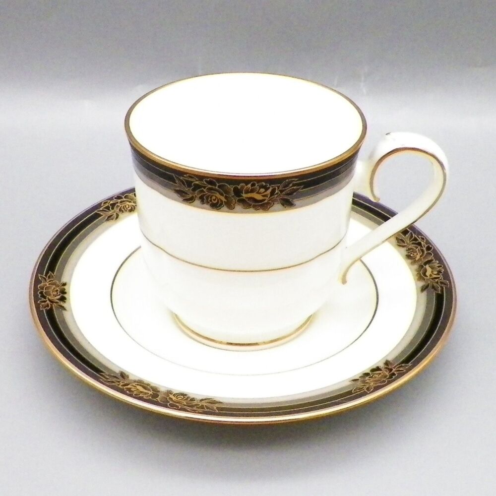 Noritake Spell Binder 9733 Cup & Saucer Set Bone China Floral Black Gold Trim